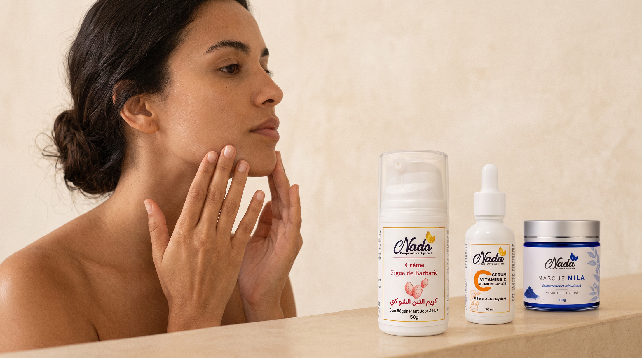 Gamme de soins NADA — sérum, crème et masque — avec rituel visage