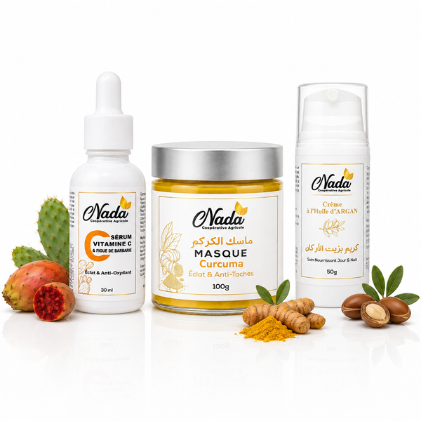Routine Éclat NADA – sérum vitamine C, masque curcuma et crème argan